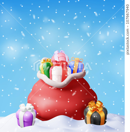 3D Open Santa Claus Sack full of Gifts in Snow 107667940