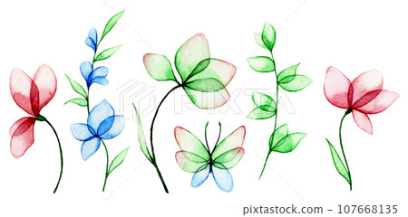 watercolor drawing, set of transparent flowers and leaves. abstract plants in blue and pink.	 107668135