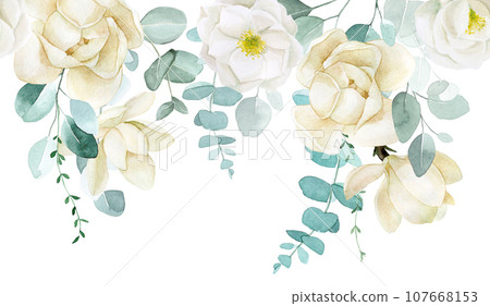 watercolor drawing. seamless border with white magnolia flowers and eucalyptus leaves. watercolor drawing. seamless border with white magnolia flowers and eucalyptus leaves. 107668153