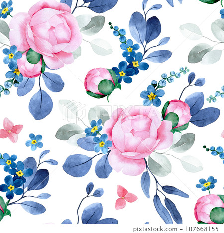 watercolor seamless pattern with vintage peony flowers and eucalyptus leaves watercolor seamless pattern with vintage peony flowers and eucalyptus leaves 107668155