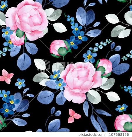 watercolor seamless pattern with vintage peony flowers and eucalyptus leaves watercolor seamless pattern with vintage peony flowers and eucalyptus leaves 107668156
