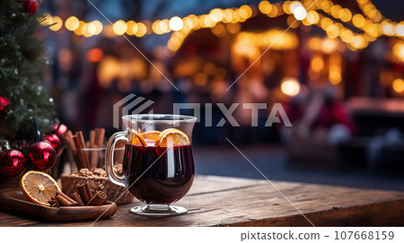 Traditional mulled wine in a glass mug on an empty tabletop at Christmas street fair with bright lights and festive atmosphere Traditional mulled wine in a glass mug on an empty tabletop at Christmas street fair with bright lights and festive atmosphere 107668159
