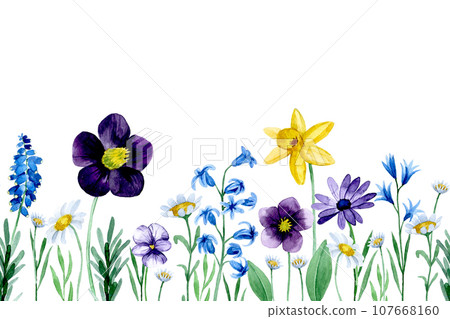 watercolor drawing with cute wildflowers. border, spring flowers watercolor drawing with cute wildflowers. border, spring flowers 107668160