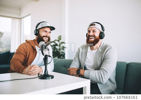 Two happy Male podcaster recording audio podcast with microphone from home studio Two happy Male podcaster recording audio podcast with microphone from home studio 107668161