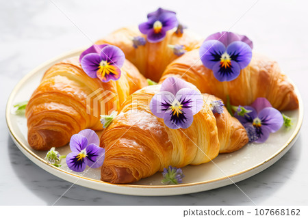 Fresh croissants decorated with edible pansy flowers Fresh croissants decorated with edible pansy flowers 107668162