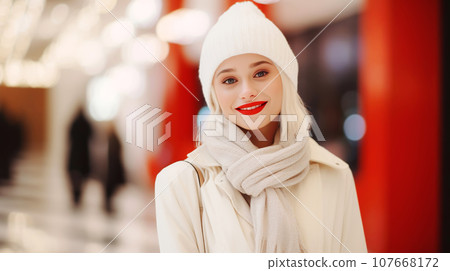 Happy blonde woman in glowing shopping center. Buying Christmas gifts, sale, black Friday 107668172