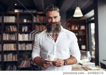 Brutal bearded man drinks cofee in bookstore Brutal bearded man drinks cofee in bookstore 107668173