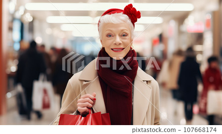 Elegant elderly woman with shopping bags in glowing shopping center. Buying Christmas gifts, sale, black Friday 107668174