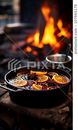 Traditional mulled wine cooking in pot with orange slices and spices close-up, vertical format 107668176