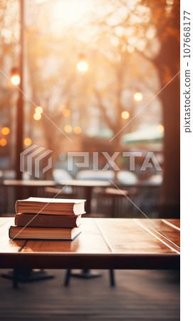 Bookstore third space background. Empty tabletop on blurred vertical background of bookshelves Bookstore third space background. Empty tabletop on blurred vertical background of bookshelves 107668177