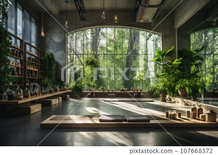 Yoga with mat lying on wood floor in a yoga studio. Generative AI 107668372