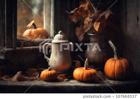 decoration for halloween holiday, still life, a cup of hot latte and pumpkins on a windowsill, beautiful autumn landscape outside the window, rural, festive background decoration for halloween holiday, still life, a cup of hot latte and pumpkins on a windowsill, beautiful autumn landscape outside the window, rural, festive background 107668557