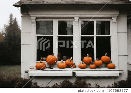 for the halloween holiday, the exterior of the old wooden house is decorated with pumpkins, flowers and leaves, holiday background for the halloween holiday, the exterior of the old wooden house is decorated with pumpkins, flowers and leaves, holiday background 107668577