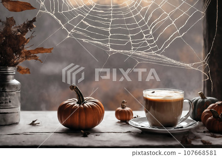 decoration for halloween holiday, still life, a cup of hot latte and pumpkins on a windowsill, beautiful autumn landscape outside the window, rural, festive background decoration for halloween holiday, still life, a cup of hot latte and pumpkins on a windowsill, beautiful autumn landscape outside the window, rural, festive background 107668581