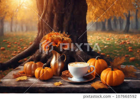 decoration for Halloween, still life, a cup of hot latte and pumpkins on an old wooden table against the background of beautiful autumn nature at sunset decoration for Halloween, still life, a cup of hot latte and pumpkins on an old wooden table against the background of beautiful autumn nature at sunset 107668592