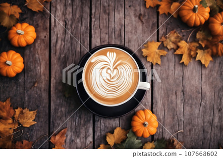 decoration for Halloween, still life, a cup of hot latte and pumpkins on an old wooden table against the background of beautiful autumn nature at sunset 107668602