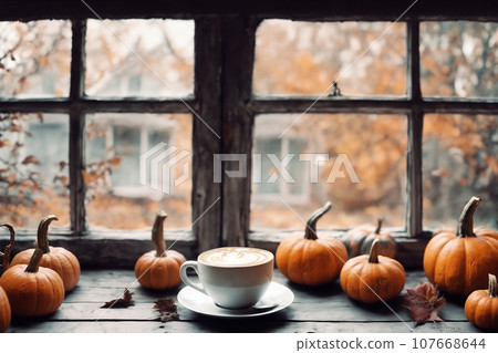 for halloween holiday, a cup of hot latte and pumpkins on a windowsill, beautiful autumn landscape outside the window, rural, still life, festive background for halloween holiday, a cup of hot latte and pumpkins on a windowsill, beautiful autumn landscape outside the window, rural, still life, festive background 107668644