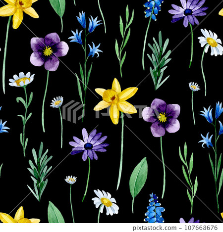 watercolor seamless pattern with wildflowers spring flowers on a dark background. watercolor seamless pattern with wildflowers spring flowers on a dark background. 107668676