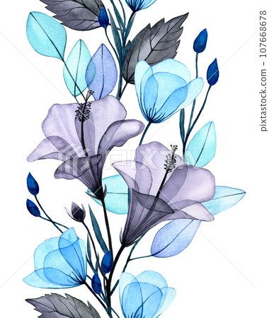 watercolor seamless border with transparent hibiscus flowers. delicate print with gray and blue flowers and leaves. x-ray	 107668678