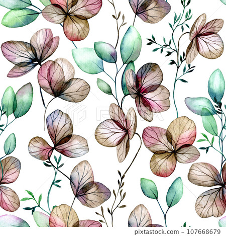 watercolor seamless pattern transpar green eucalyptus leaves and dry hydrangea flowers. vintage print on the theme of autumn. for fabric, wallpaper, wrapping. green and blue eucalyptus leaves on white watercolor seamless pattern transpar green eucalyptus leaves and dry hydrangea flowers. vintage print on the theme of autumn. for fabric, wallpaper, wrapping. green and blue eucalyptus leaves on white 107668679