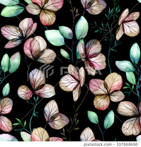 watercolor seamless pattern transpar green eucalyptus leaves and dry hydrangea flowers. vintage print on the theme of autumn. for fabric, wallpaper, wrapping. green and blue eucalyptus leaves watercolor seamless pattern transpar green eucalyptus leaves and dry hydrangea flowers. vintage print on the theme of autumn. for fabric, wallpaper, wrapping. green and blue eucalyptus leaves 107668680