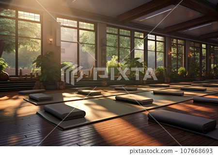 Yoga with mat lying on wood floor in a yoga studio. Generative AI Yoga with mat lying on wood floor in a yoga studio. Generative AI 107668693