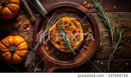 roasted pumpkins in a bowl with rosemary on top and two small orange mini pumpkins next to the bowl 107668788