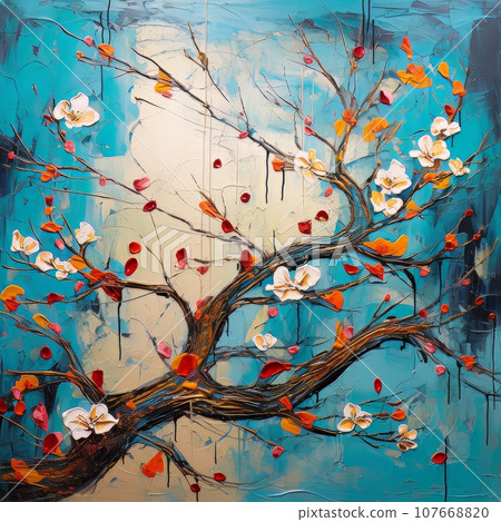 Flowering tree branch painting with palette knife AI 107668820