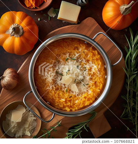 a bowl of soup with cheese and pumpkins in the background on a wooden cutting board, surrounded by other ingredients 107668821