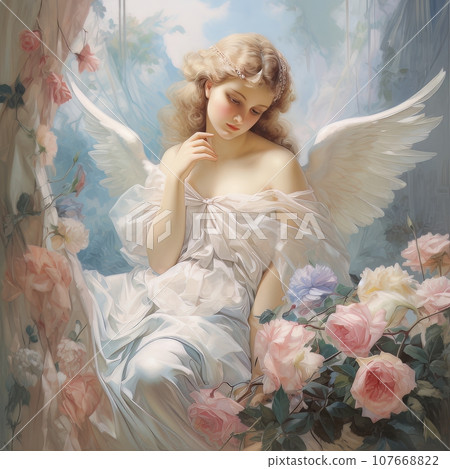 Young beautiful girl angel with wings sits surrounded by roses AI 107668822