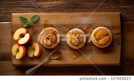 peaches on a wooden cutting board with a spoon and some fresh peaches in the background is brown wood 107668823
