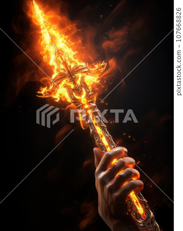 Fire sword in a male warrior's hand. AI Fire sword in a male warrior's hand. AI 107668826