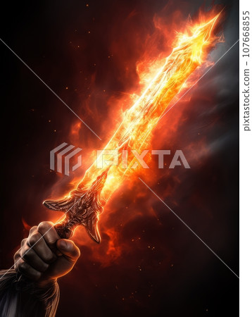 Fire sword in a male warrior's hand. AI Fire sword in a male warrior's hand. AI 107668855