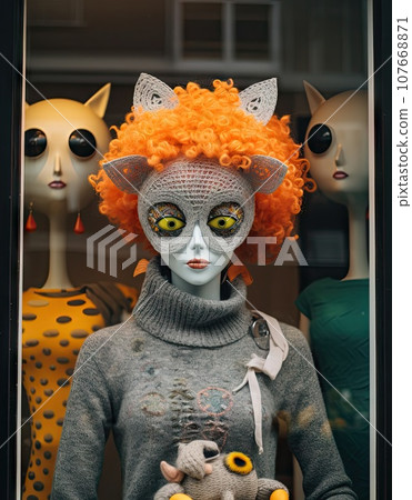 a manne with an orange wig and cat on it's head, in front of a store window 107668871