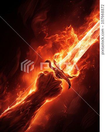 Fire sword in a male warrior's hand. AI 107668872