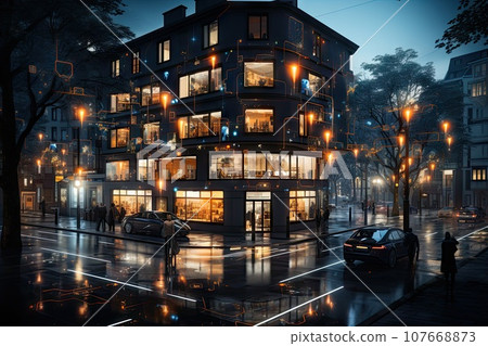 a city at night with cars parked on the street and people walking down the street in front of the building 107668873