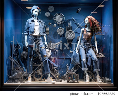 two manns in the window of a shop, one is wearing denim overalls and the other are standing next to each other two manns in the window of a shop, one is wearing denim overalls and the other are standing next to each other 107668889