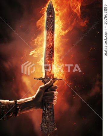 Fire sword in a male warrior's hand. AI 107668899