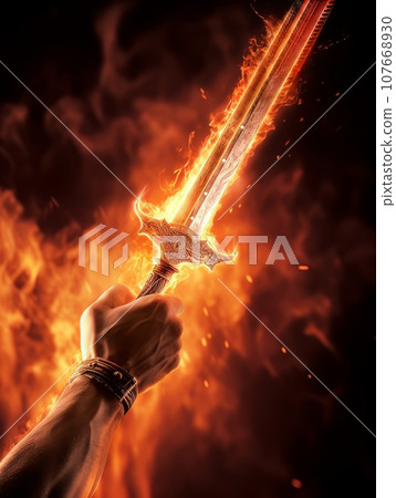 Fire sword in a male warrior's hand. AI 107668930
