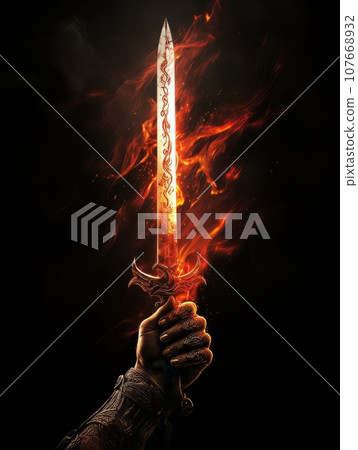 Fire sword in a male warrior's hand. AI 107668932