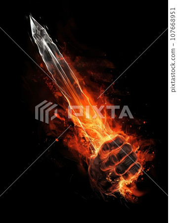 Fire sword in a male warrior's hand. AI Fire sword in a male warrior's hand. AI 107668951