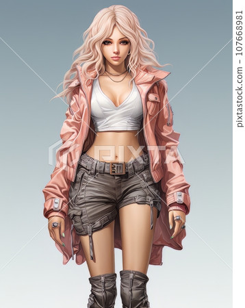 Image of a beautiful doll in fashionable clothes in anime style. AI 107668981