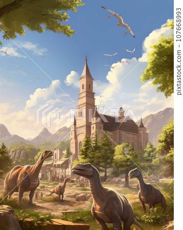 Cartoon Dinosaurs against the background of a church.. AI Cartoon Dinosaurs against the background of a church.. AI 107668993