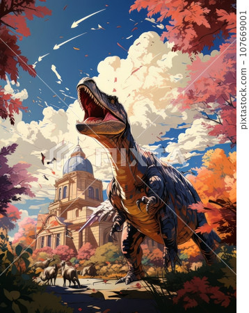 Cartoon Dinosaur against the background of a church.. AI 107669001