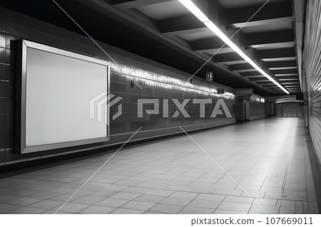 A blank TV mockup on the wall of an abandoned subway station is a haunting and nostalgic reminder of the past. is AI Generative 107669011