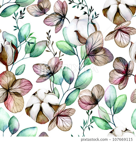 watercolor seamless pattern with cotton flowers, dry hydrangea flowers and eucalyptus leaves on a white background 107669115