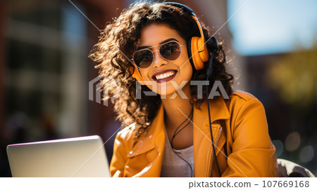 Woman conducts a podcast Woman conducts a podcast 107669168
