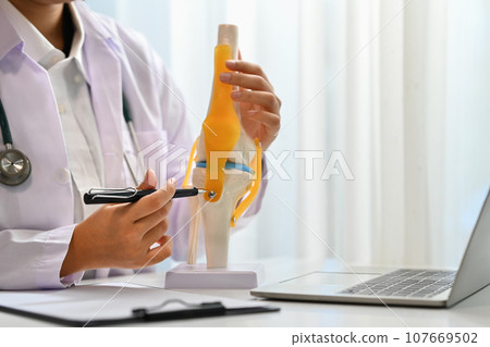 Orthopedists showing knee joint model during online consultation. Telemedicine and healthcare concept 107669502