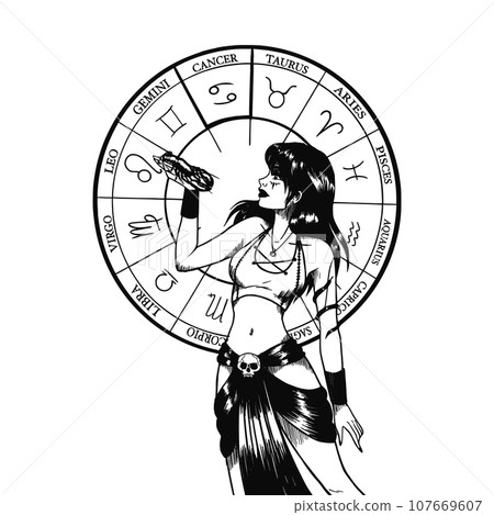 Hand drawn illustrations and silhouettes of monochrome arts of astrological signs and beauty women. 107669607