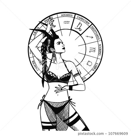 Hand drawn illustrations and silhouettes of monochrome arts of astrological signs and beauty women. Hand drawn illustrations and silhouettes of monochrome arts of astrological signs and beauty women. 107669609